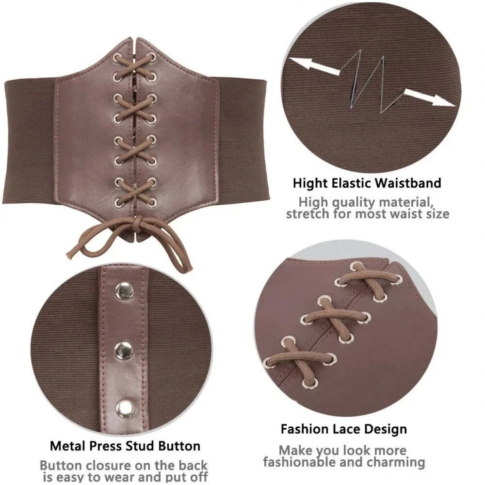 Unbranded Corset Belt Women OS Brown Lace Up Elastic Cinch Waist Faux Leather